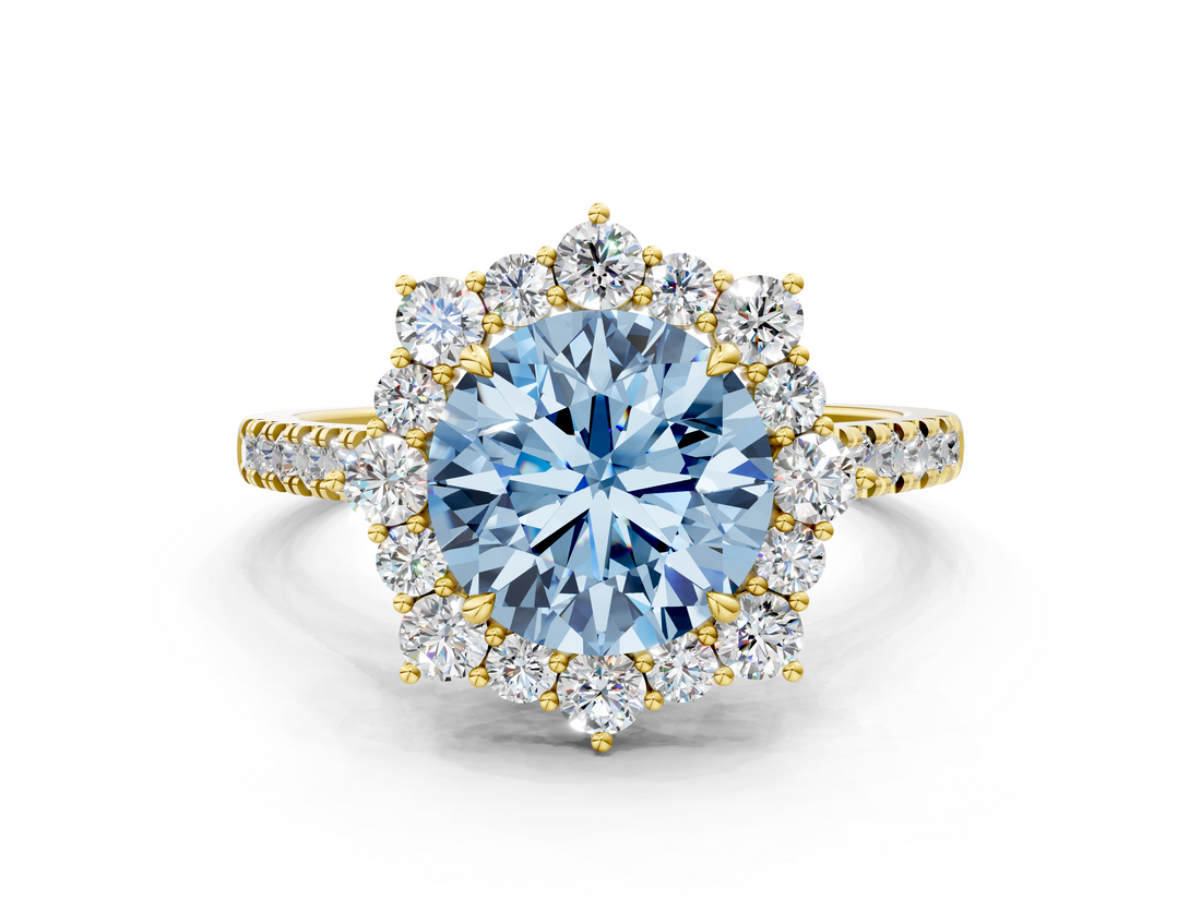 Yellow gold Fancy Blue Round  Halo Diamond Ring with Pavé Band and Prong Setting_37