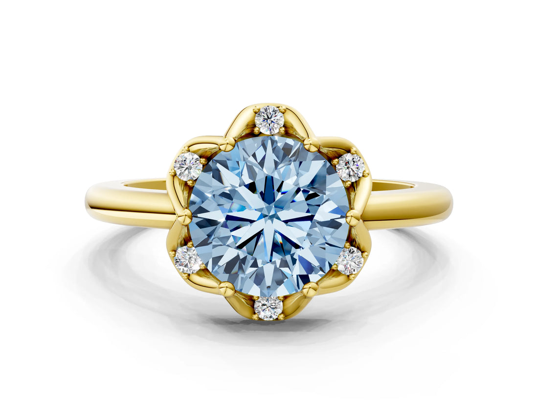 Yellow gold Fancy Blue Round  Halo Diamond Ring with Round Cluster Setting, Solitaire Band, and Four-Prong Setting_49