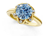 Yellow gold Fancy Blue Round  Halo Diamond Ring with Round Cluster Setting, Solitaire Band, and Four-Prong Setting_50