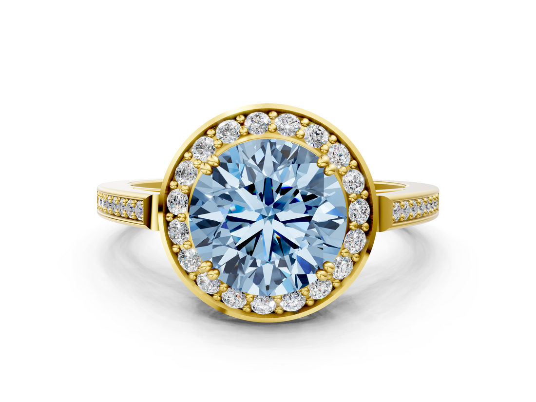 Yellow gold Fancy Blue Round  Halo Diamond Ring with Split Shank and Four-Prong Setting_59