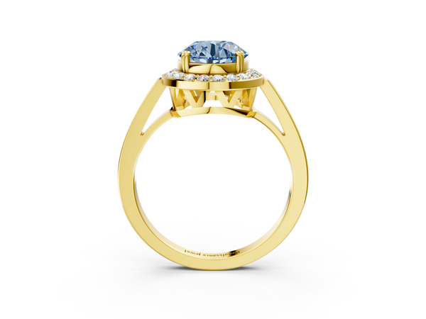 Yellow gold Fancy Blue Round Cut Diamond Halo Ring with Split Shank and Four-Prong Setting