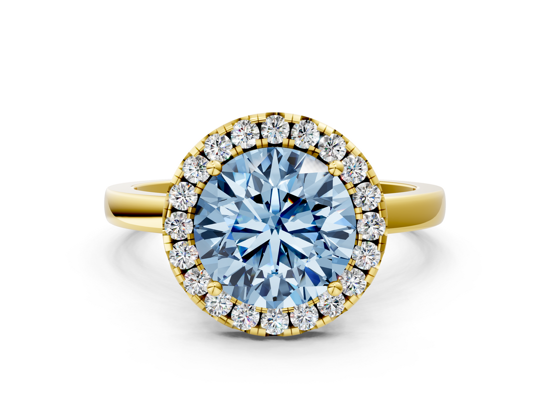 Yellow gold Fancy Blue Round  Halo Diamond Solitaire with Pavé Band and Four-Prong Setting_75