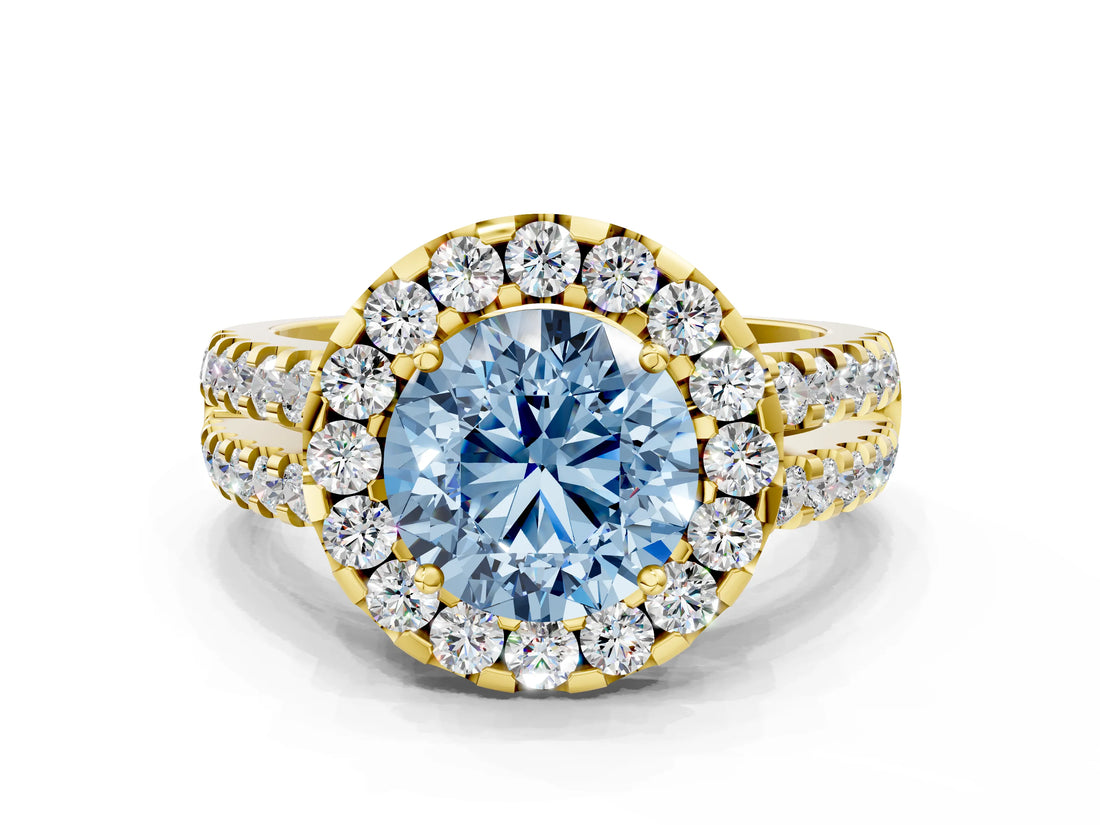 Yellow gold Fancy Blue Round  Halo Diamond Split Shank Engagement Ring with Prong Setting_105