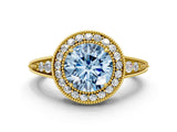 Yellow gold Fancy Blue Round  Halo Diamond Split Shank Ring with Milgrain Detail_50