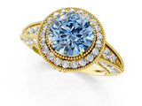 Yellow gold Fancy Blue Round  Halo Diamond Split Shank Ring with Milgrain Detail_51