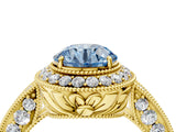 Yellow gold Fancy Blue Round  Halo Diamond Split Shank Ring with Milgrain Detail_54