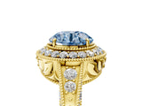 Yellow gold Fancy Blue Round  Halo Diamond Split Shank Ring with Milgrain Detail_55