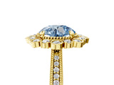 Yellow gold Fancy Blue Round  Halo Milgrain Pave Diamond Ring with Four-Prong Setting 1