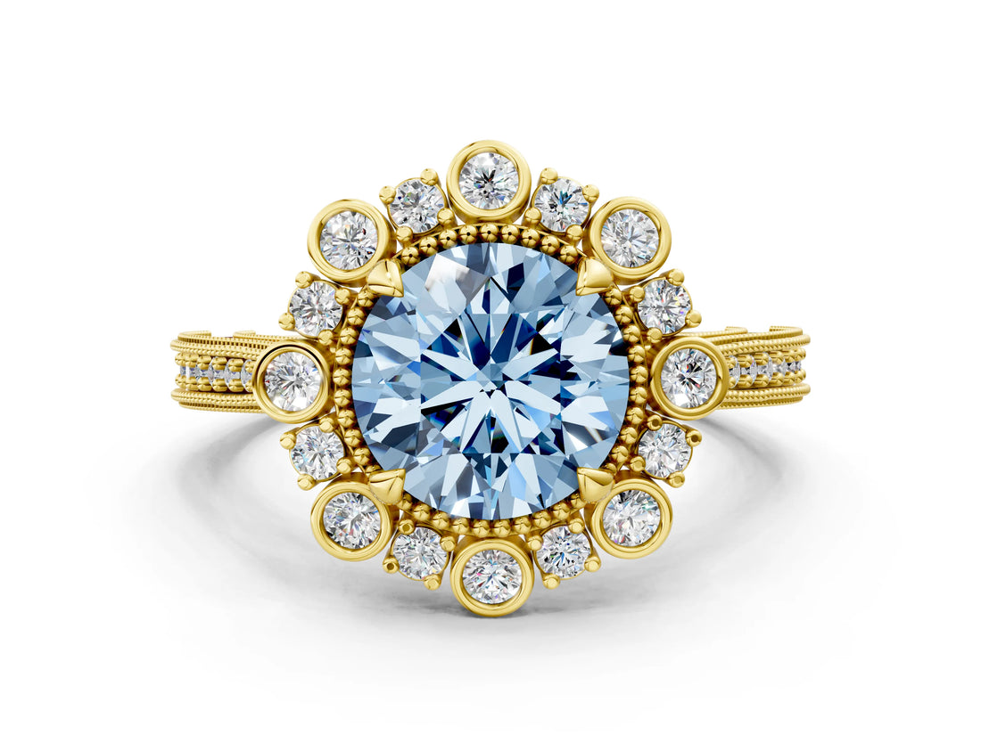 Yellow gold Fancy Blue Round  Halo Milgrain Pave Diamond Ring with Four-Prong Setting 2