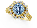Yellow gold Fancy Blue Round  Halo Milgrain Pave Diamond Ring with Four-Prong Setting 3