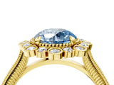 Yellow gold Fancy Blue Round  Halo Milgrain Pave Diamond Ring with Four-Prong Setting