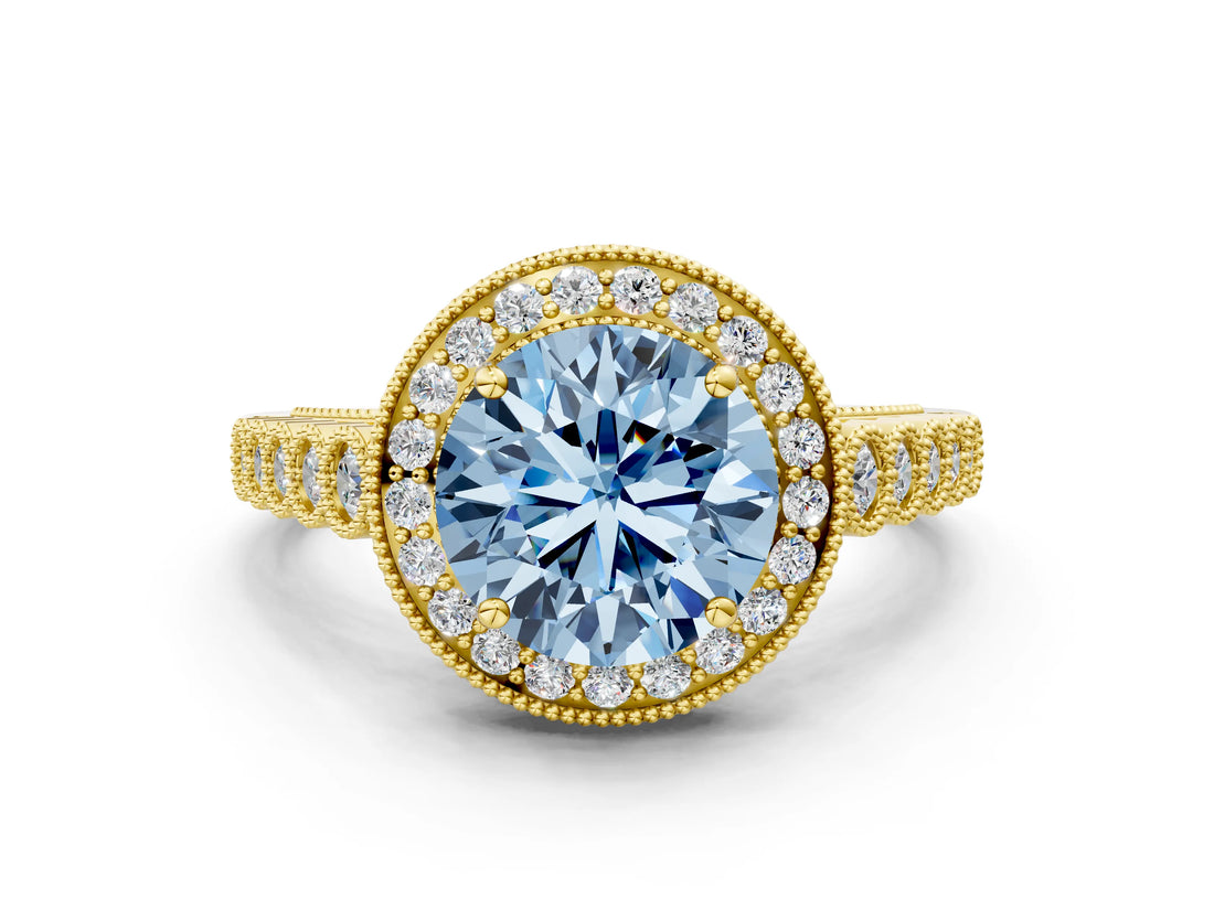 Yellow gold Fancy Blue Round  Halo Milgrain Solitaire with Bezel Set Side Stones and Pave Band_33