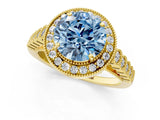 Yellow gold Fancy Blue Round  Halo Milgrain Solitaire with Bezel Set Side Stones and Pave Band_34