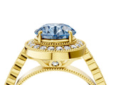 Yellow gold Fancy Blue Round  Halo Milgrain Solitaire with Bezel Set Side Stones and Pave Band_37