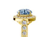 Yellow gold Fancy Blue Round  Halo Milgrain Solitaire with Bezel Set Side Stones and Pave Band_38