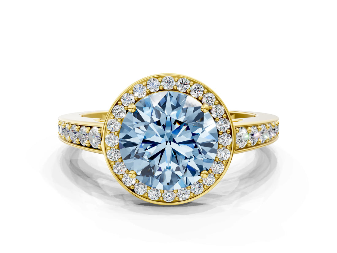 Yellow gold Fancy Blue Round  Halo Pavé Diamond Engagement Ring with Bezel Setting_37