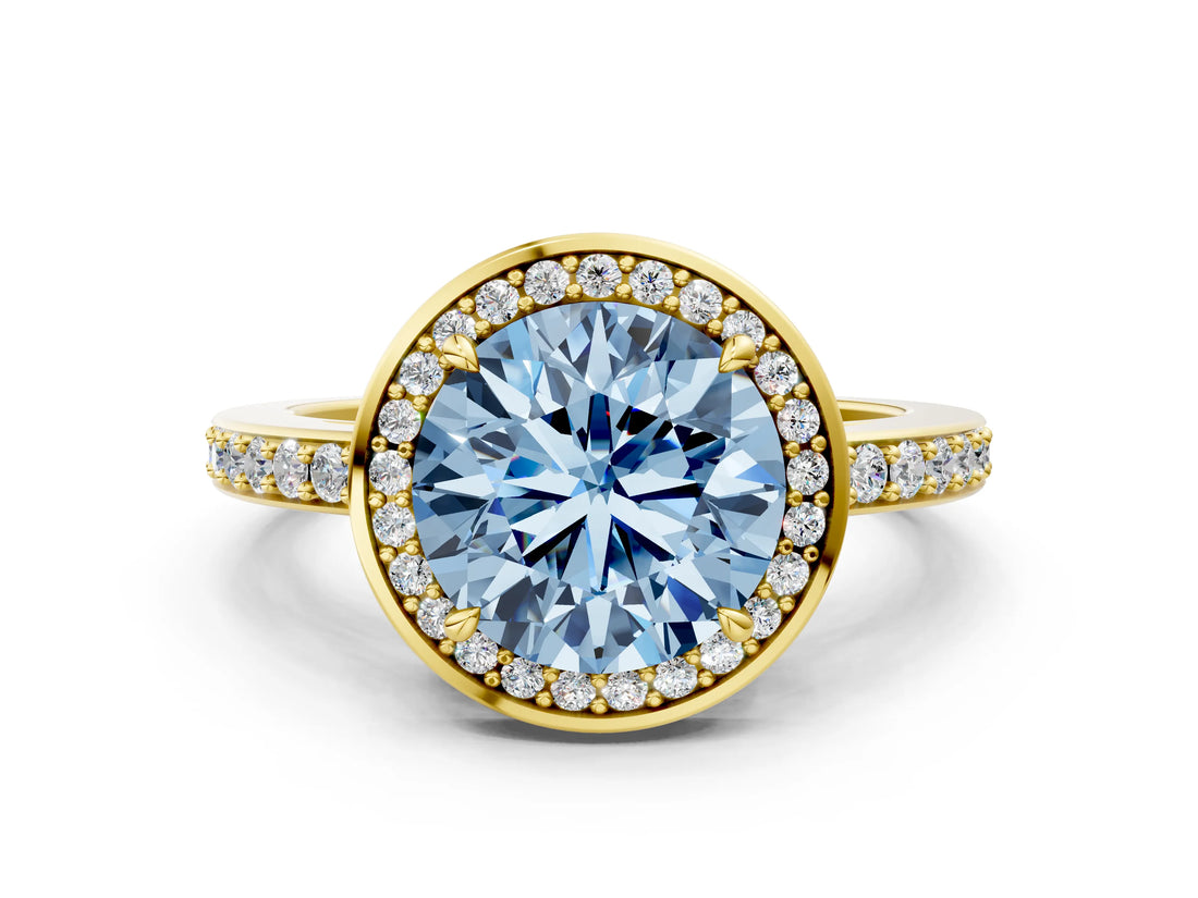 Yellow gold Fancy Blue Round  Halo Pave Band Solitaire Ring with Prong Setting_66