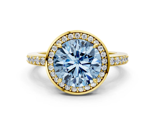 Yellow gold Fancy Blue Round  Halo Pave Band Solitaire Ring with Prong Setting