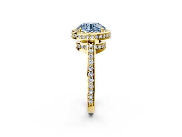 Yellow gold Fancy Blue Round  Halo Pave Band Solitaire Ring with Prong Setting