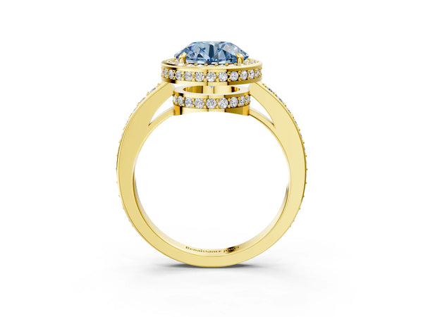 Yellow gold Fancy Blue Round  Halo Pave Band Solitaire Ring with Prong Setting