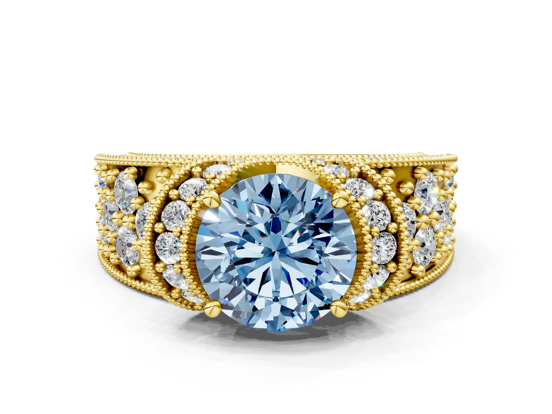 Yellow gold Fancy Blue Round  Halo Pave Diamond Engagement Ring with Milgrain Detailing_49