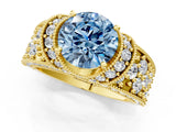 Yellow gold Fancy Blue Round  Halo Pave Diamond Engagement Ring with Milgrain Detailing_50