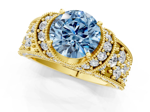 Yellow gold Fancy Blue Round  Halo Pave Diamond Engagement Ring with Milgrain Detailing