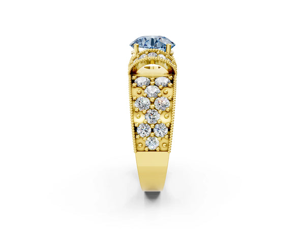 Yellow gold Fancy Blue Round  Halo Pave Diamond Engagement Ring with Milgrain Detailing