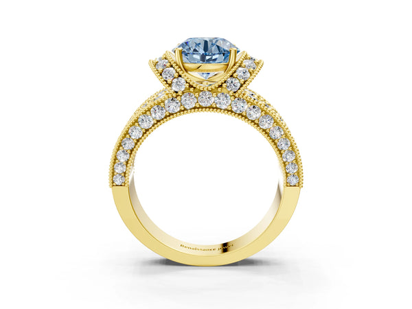 Yellow gold Fancy Blue Round  Halo Pave Diamond Engagement Ring with Milgrain Detailing