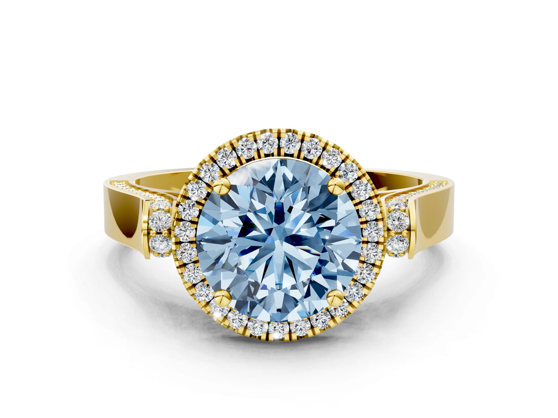 Yellow gold Fancy Blue Round  Halo Pave Split Shank Prong Setting Ring_26