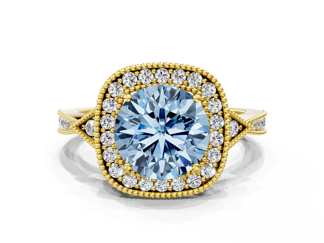 Yellow gold Fancy Blue Round  Halo Round Diamond Milgrain Pave Engagement Ring_3