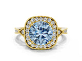 Yellow gold Fancy Blue Round  Halo Round Diamond Milgrain Pave Engagement Ring_3