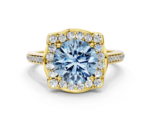 Yellow gold Fancy Blue Round  Halo Round Diamond Pave Band with Four-Prong Setting