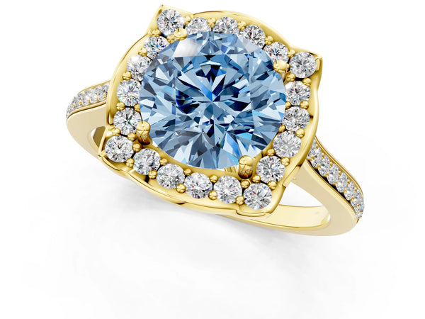 Yellow gold Fancy Blue Round  Halo Round Diamond Pave Band with Four-Prong Setting