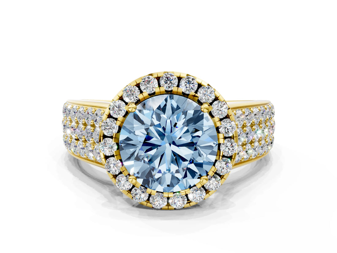 Yellow gold Fancy Blue Round  Halo Round Diamond Pave Band with Prong Setting 2