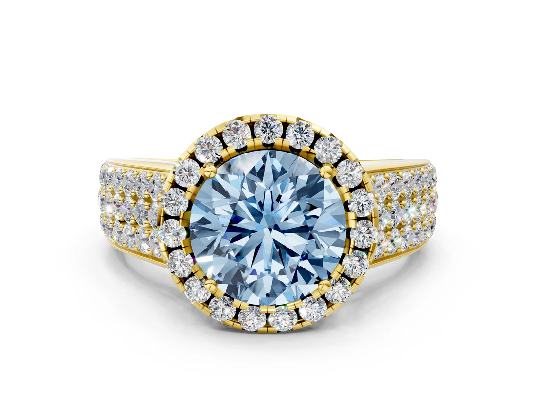 Yellow gold Fancy Blue Round  Halo Round Diamond Pave Band with Prong Setting_12