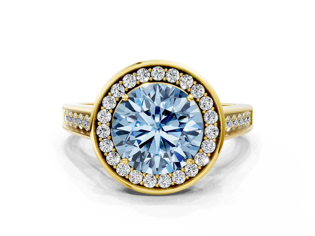 Yellow gold Fancy Blue Round  Halo Solitaire Diamond Ring with Pave Band and Bezel Setting_49