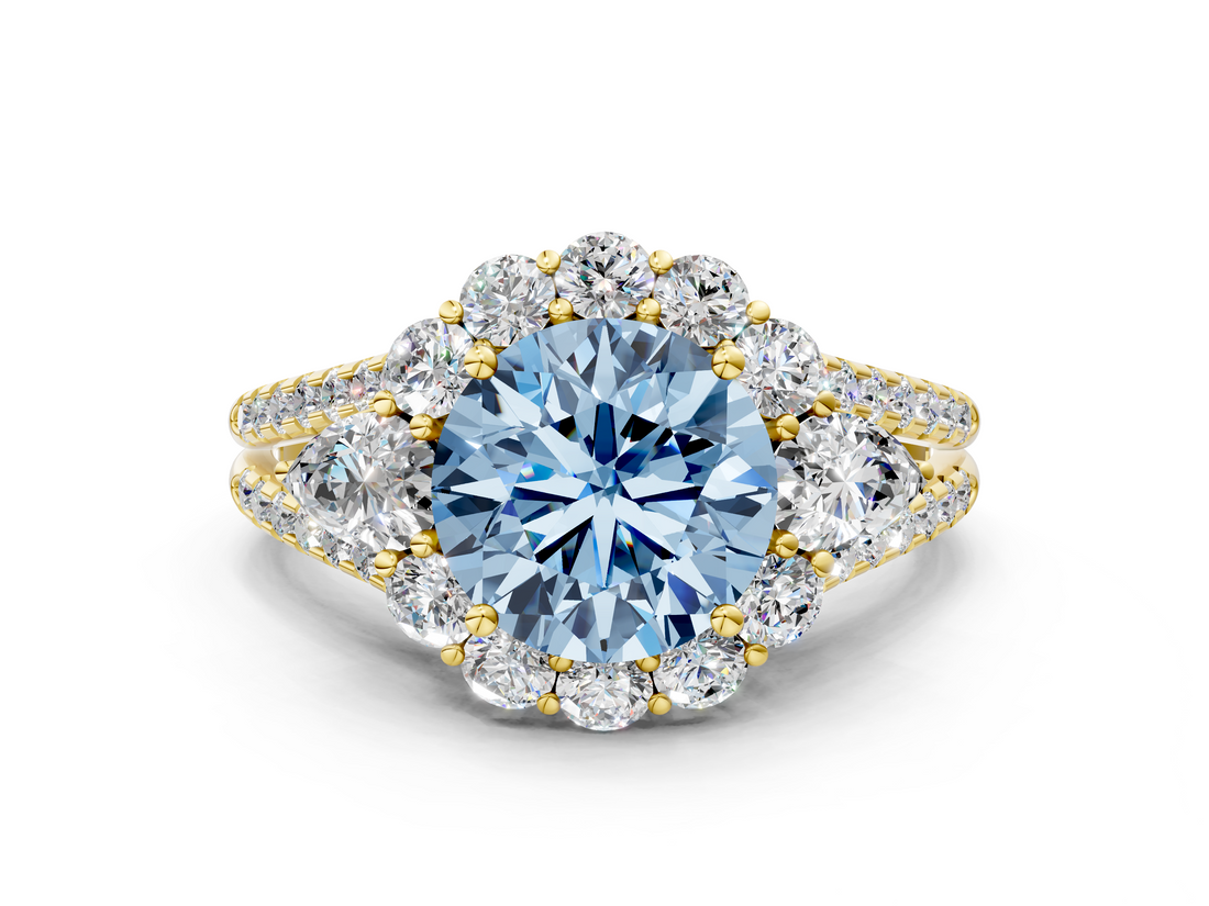 Yellow gold Fancy Blue Round  Halo Split Shank Diamond Engagement Ring with Prong Setting_20