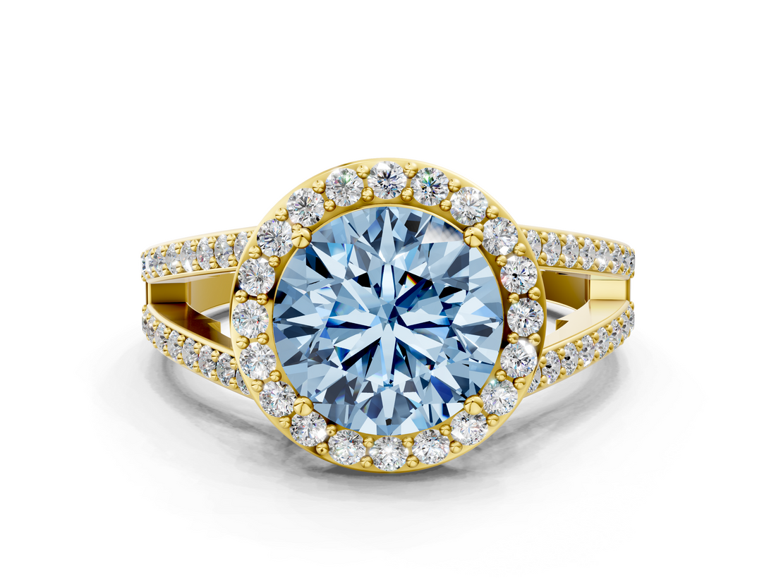Yellow gold Fancy Blue Round  Halo Split Shank Diamond Ring with Four-Prong Setting_32
