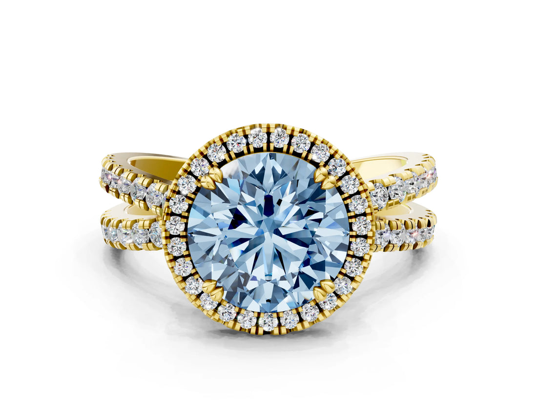Yellow gold Fancy Blue Round  Halo Split Shank Diamond Ring with Pavé Setting_26