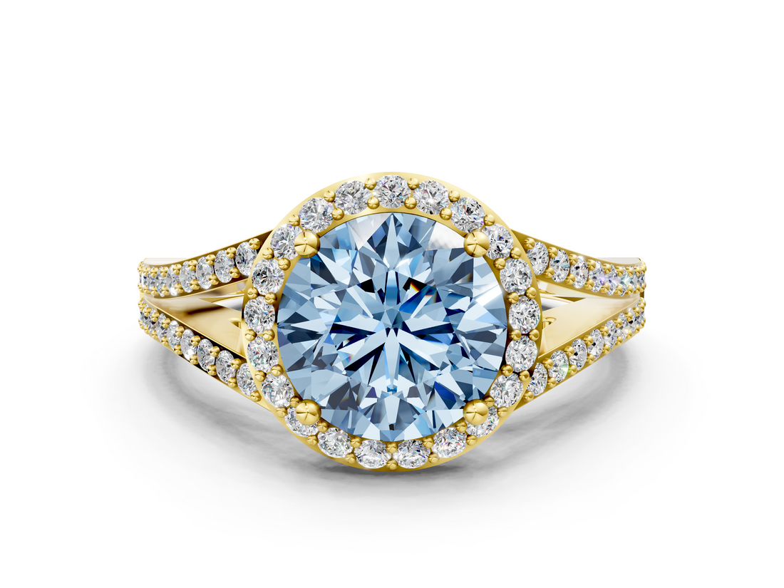 Yellow gold Fancy Blue Round  Halo Split Shank Diamond Ring with Prong Setting_20