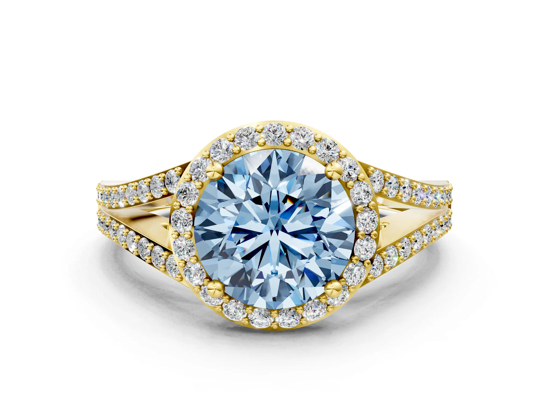 Yellow gold Fancy Blue Round  Halo Split Shank Pave Diamond Ring with Four-Prong Setting_49