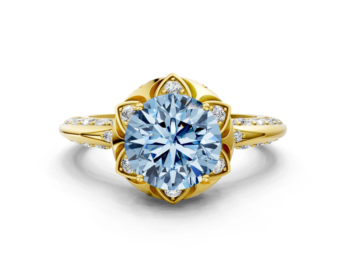 Yellow gold Fancy Blue Round  Halo Split Shank Pave Diamond Ring with Petal Prong Setting_21