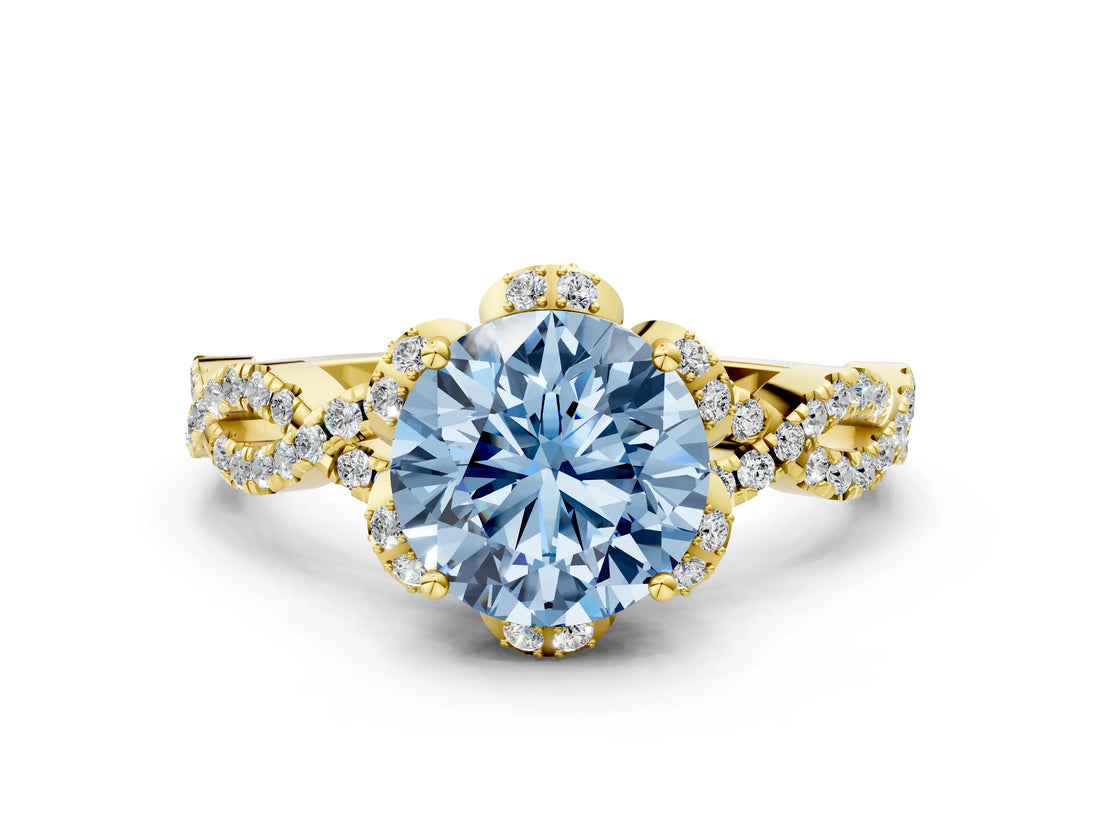 Yellow gold Fancy Blue Round  Halo Twist Band Solitaire Ring with Six-Prong Setting_3