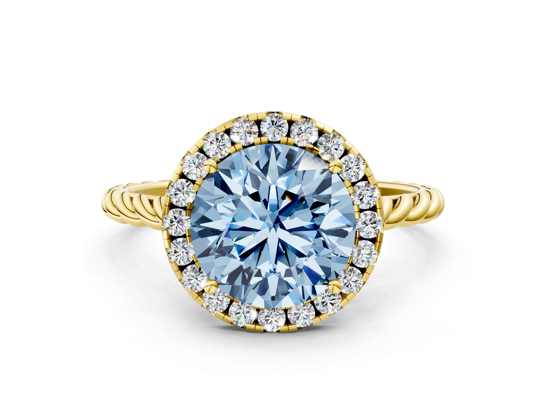 Yellow gold Fancy Blue Round  Halo Twisted Band Four-Prong Diamond Ring_20