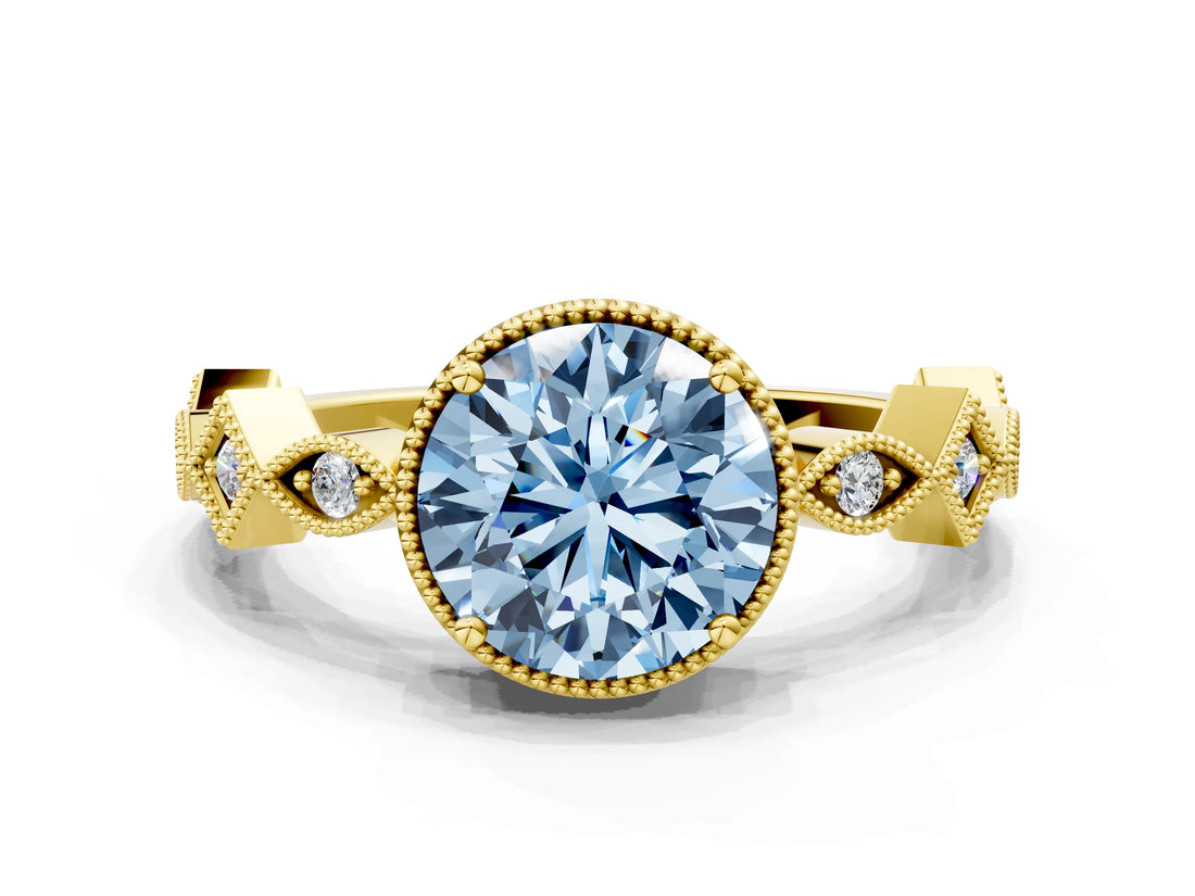 Yellow gold Fancy Blue Round  Milgrain Marquise Diamond Twist Band Ring_62