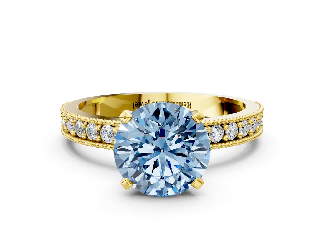 Yellow gold Fancy Blue Round  Milgrain Pave Diamond Engagement Ring with Four-Prong Setting_78