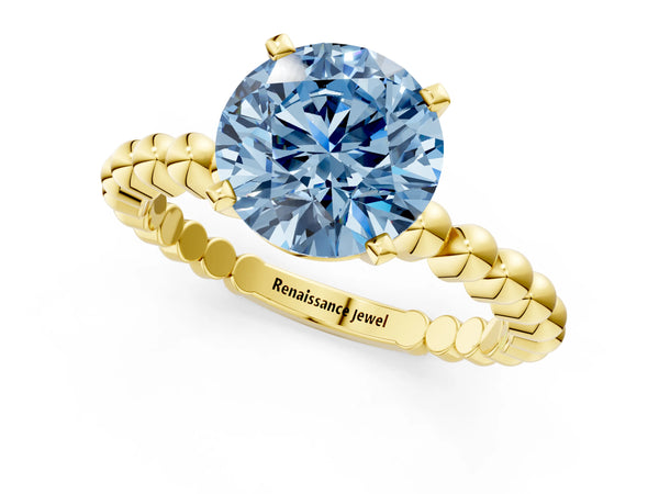 Yellow gold Fancy Blue Round Cut Diamond Solitaire Ring with Beaded Band and Prong Setting