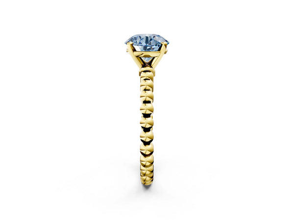 Yellow gold Fancy Blue Round Cut Diamond Solitaire Ring with Beaded Band and Prong Setting