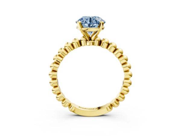 Yellow gold Fancy Blue Round Cut Diamond Solitaire Ring with Beaded Band and Prong Setting